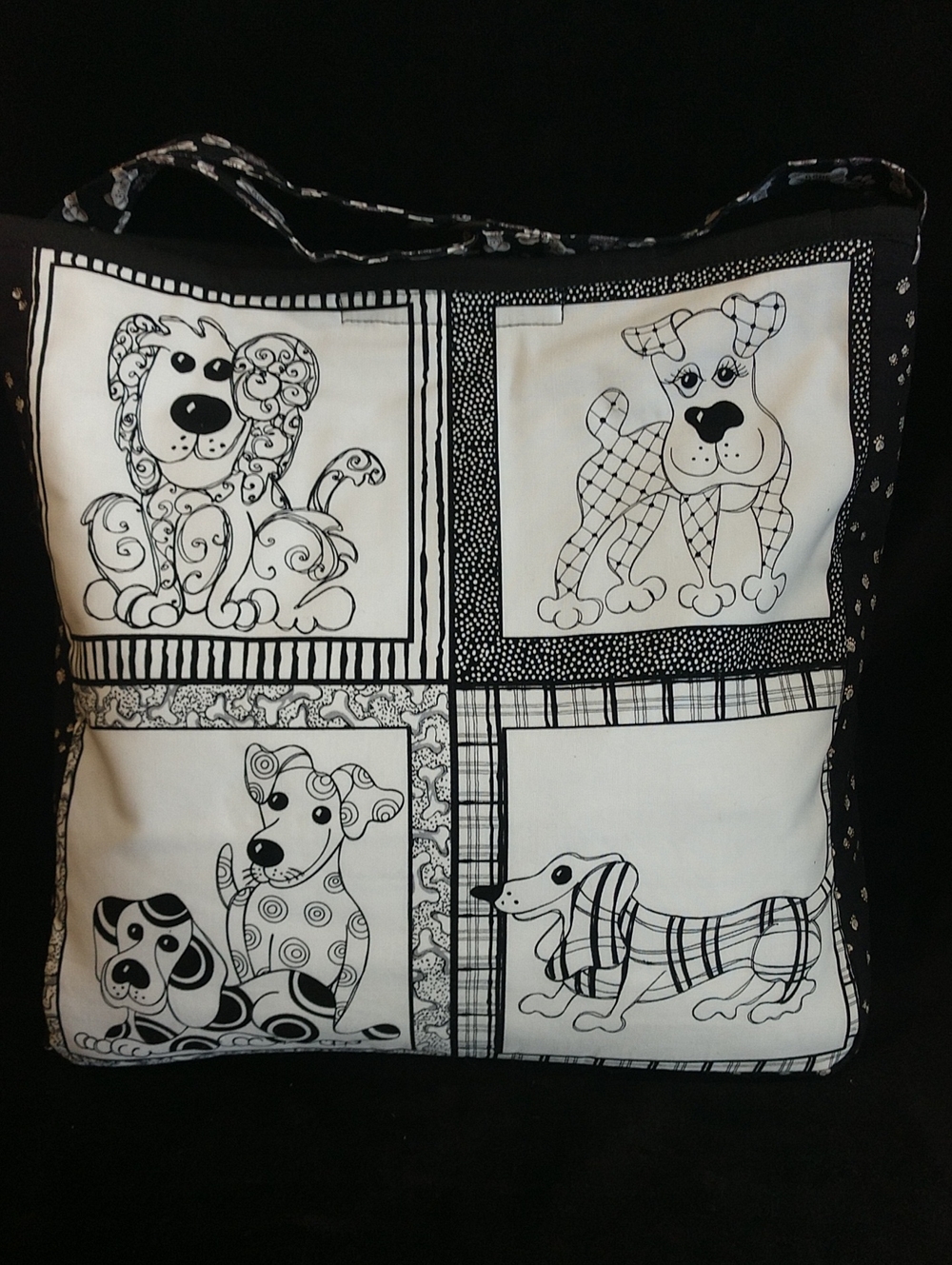 Black & White Dog Print Tote Bag With Adjustable Strap- Pets Dog